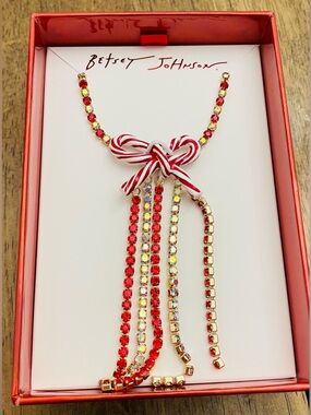 Betsey Johnson Candy Cane Bow Crystals Necklace